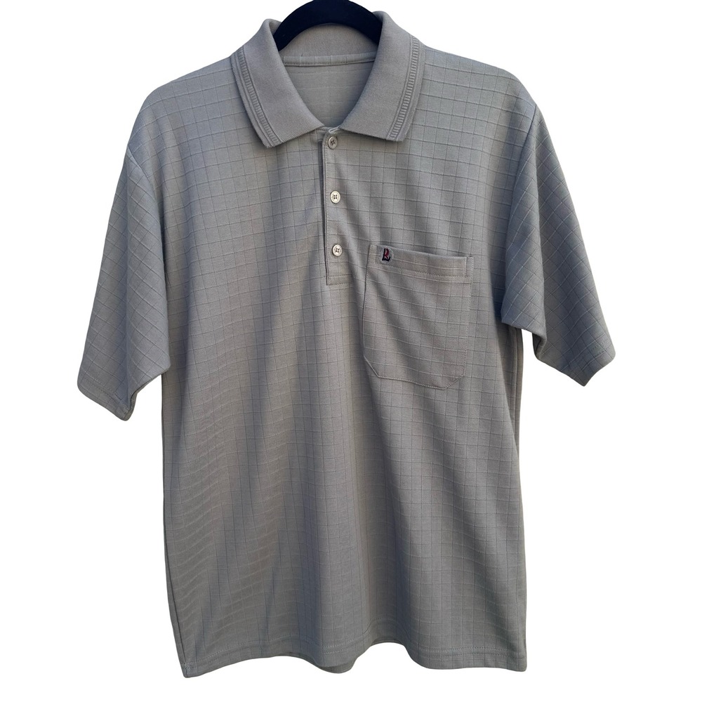 Libero Mens Short Sleeve Polo Shirt Gray Grid Pattern Chest Pocket Size Large